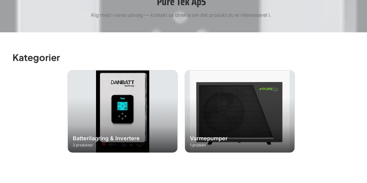 Pure Teks offentlige produktkatalog med produktkategorier