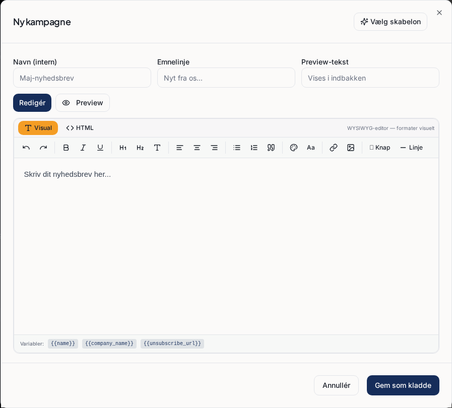WebXtras nyhedsbrev-editor med redigering og live preview