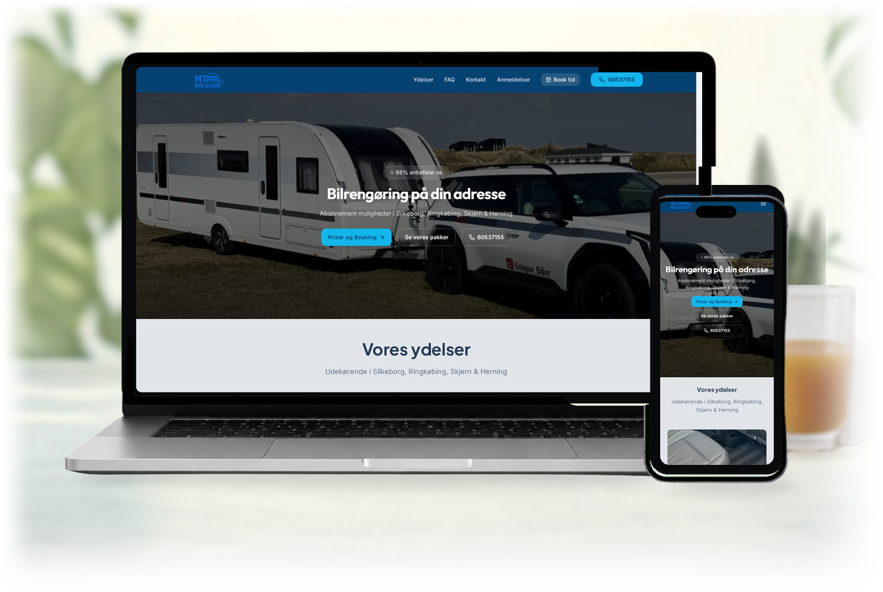 WebXtra-kundehjemmeside: mtbilvask.com på computer og mobiltelefon